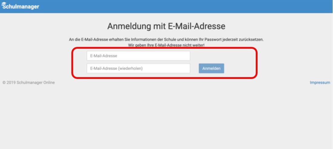 Anmeldung beim Schulmanager mit Mailadresse