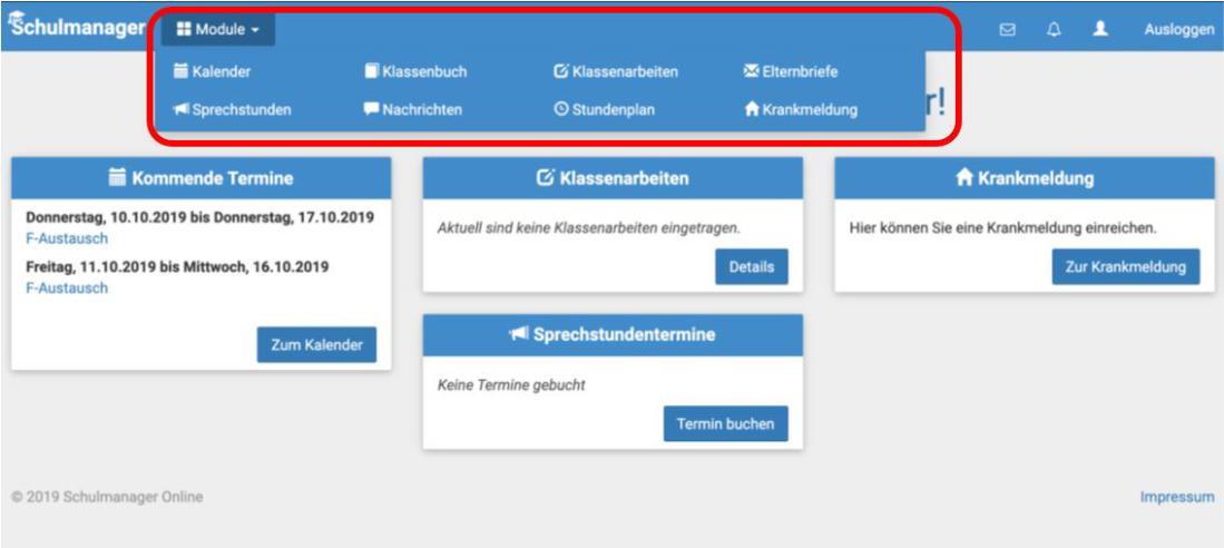 Einzelne Module des Schulmanagers